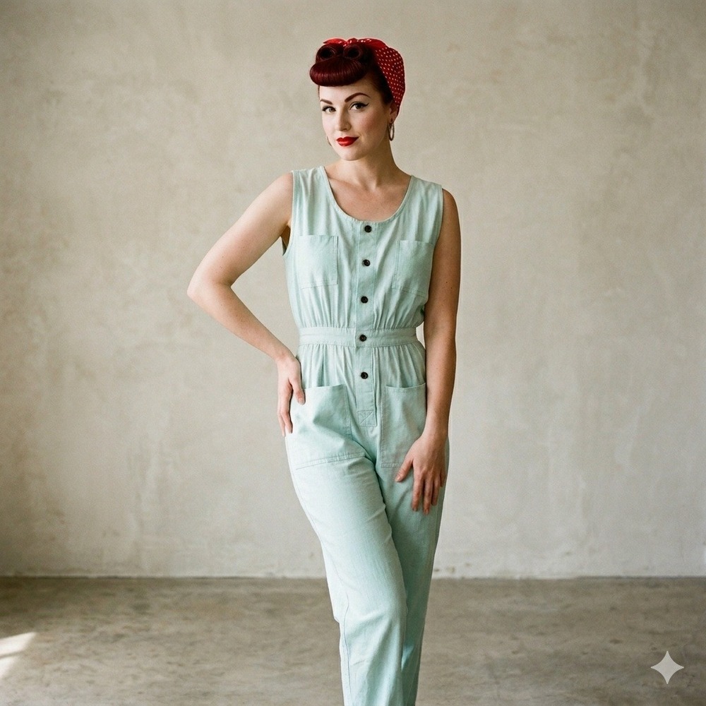 Vtg Womens 80s Utility Boiler Jumpsuit‎ Seafoam Green Retro Pinup Rockabilly